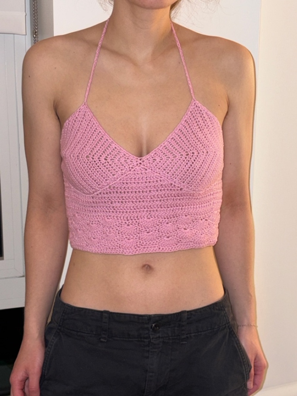 XS More to Come Pink Crochet Halter Crop Top - Women